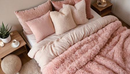 pink and beige pillows on bed, interior design conceptの素材