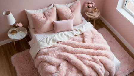 pink pillows on the bed in the bedroom, interior designの素材