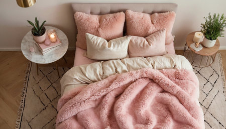Cozy bedroom with pink bedding and pillows on the bed.の素材