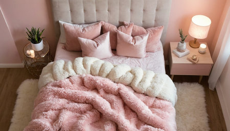 Pink and beige pillows on a bed in the bedroom.の素材