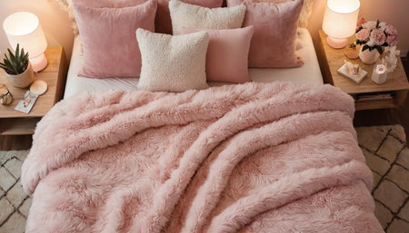 Fur pink blanket on bed in bedroom, interior design concept.の素材