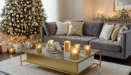 Christmas living room with Christmas tree, candles and sofa. Interior designの素材