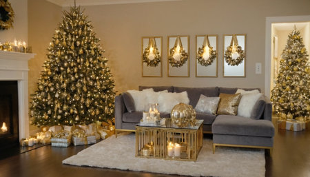 Luxury living room with christmas tree and fireplace. Living room with comfortable sofa and fireplace.の素材