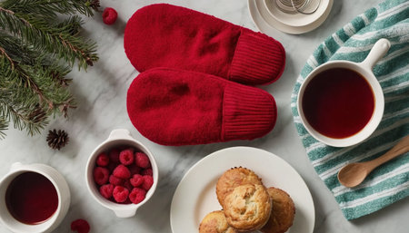 Christmas breakfast with hot tea, cookies and red mittensle tableの素材