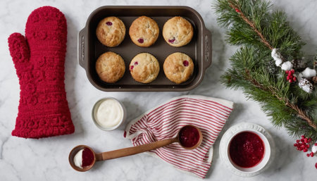 Merry Christmas and Happy New Year concept. Homemade muffins with cranberry jam and mittens.の素材