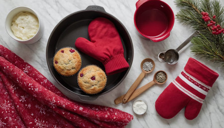 Muffins with cranberries in a cast-iron frying panの素材