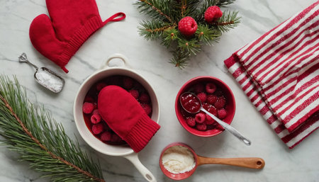 Flat lay of a bowl of raspberries with a red mitten on a white marble backgroundの素材