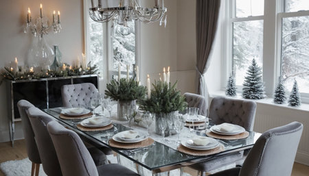 Beautiful Christmas and New Year decorated dining room with Christmas tree and fireplaceの素材