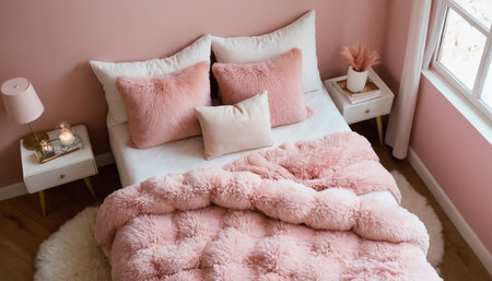 pink pillows on the bed in the bedroom, interior designの素材