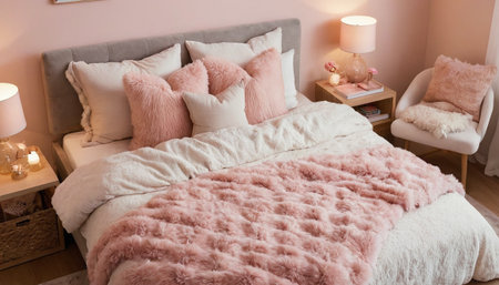 Cozy bedroom interior with pink pillows on bed and soft beddingの素材