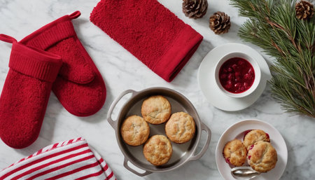 Christmas breakfast with cookies and jam on white marble background, top viewの素材