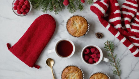 Muffins, cup of tea, christmas socks, fir branches on a marble backgroundの素材