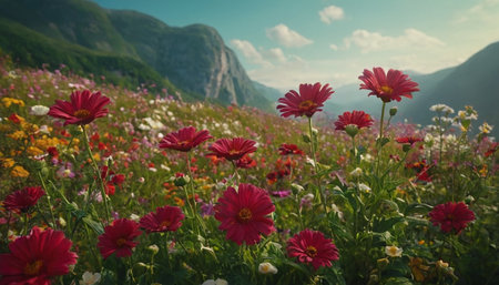 summer meadow with red daisies and mountains in the backgroundの素材