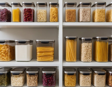 Variety of dry pasta in a glass jars on the shelves.の素材