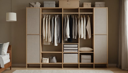 Closet with clothes in modern wardrobe. 3d rendering.の素材