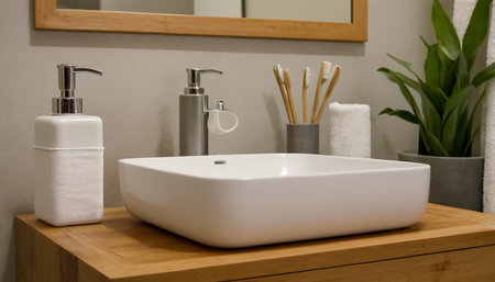 White sink on wooden shelf in bathroom interior with toiletries, toiletries and green plantの素材