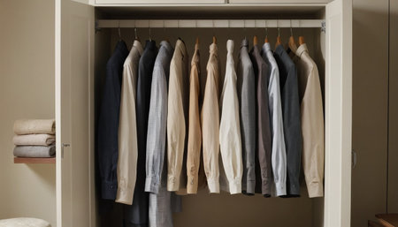Closet with clothes in modern dressing room. Interior design.の素材