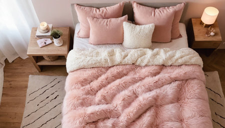 pink pillows on the bed in the bedroom, interior designの素材