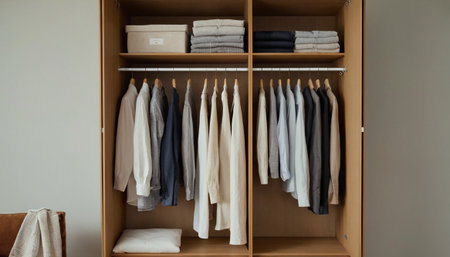 Closet with clothes in the wardrobe, interior design concept.の素材