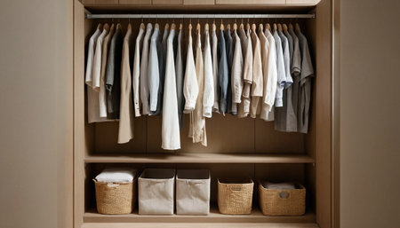 Closet with clothes in the closet. Wardrobe interior design.の素材