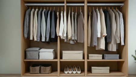 Closet with clothes and shoes in modern wardrobe, interior designの素材