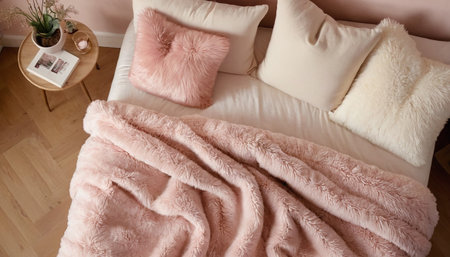 Cozy bed with pink pillows and plaid, top viewの素材