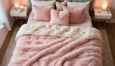 Cozy bedroom with pink pillows on bed, interior design conceptの素材