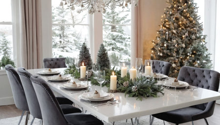 Beautiful Christmas table setting with candles and fir tree branches in living roomの素材