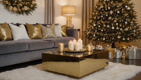 Christmas tree with candles in the living room on the background of the sofaの素材