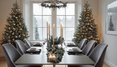 Dining room with christmas tree in the background, Christmas interiorの素材