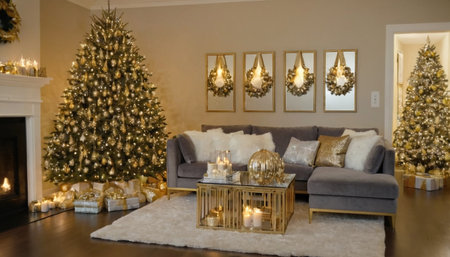 Luxury living room with christmas tree and fireplace. Christmas backgroundの素材