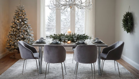Christmas and New Year dining room interior with Christmas tree, gifts and fireplaceの素材