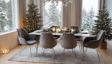 Christmas and New Year luxury dining room with fireplace, Christmas tree and presentsの素材
