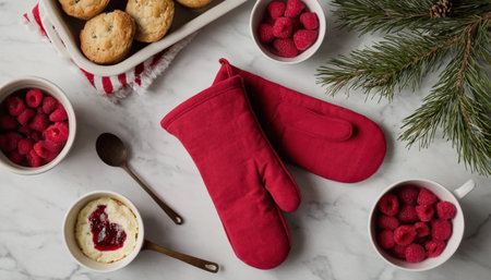 Christmas mittens and cookies with raspberries on white marble backgroundの素材