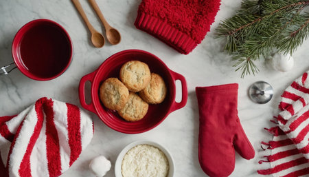 Merry Christmas and Happy Holidays greeting card, frame, banner. Cup of hot tea with cookies, red knitted socks on white marble background. Flat lay, top viewの素材