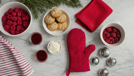 Cookies, mittens and tea on a white marble background.の素材