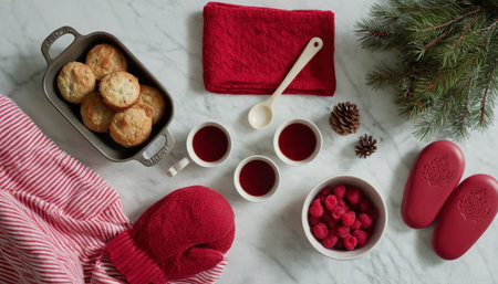 Merry Christmas and Happy New Year, top view of cup of tea with cookies, red knitted scarf, spruce branches and pine cones on white marble backgroundの素材
