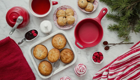 Merry Christmas and Happy New Year. Cup of tea, cookies and sweets on a white backgroundの素材