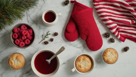 Merry Christmas and Happy New Year, flat lay with cup of hot beverage, mittens, cookies, fir tree branches and berries on white marble backgroundの素材