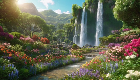 Panoramic view of the beautiful tropical garden with waterfall and flowersの素材