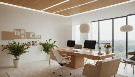 Interior of modern office with white walls, wooden floor, panoramic windows and rows of computer tables. 3d renderingの素材
