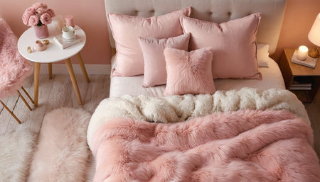 Comfortable soft pillows on bed in room, interior design conceptの素材