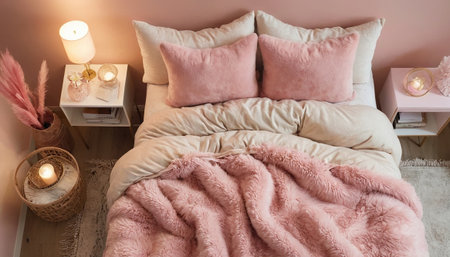 Pink pillows on a bed in a modern bedroom with candles and booksの素材
