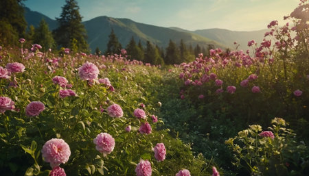 Beautiful pink flowers on the background of mountains. Summer landscape.の素材