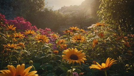 Sunflowers in the garden at sunset. Nature background with sunflowers.の素材