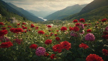 Beautiful summer landscape with blooming red dahlias in mountainsの素材
