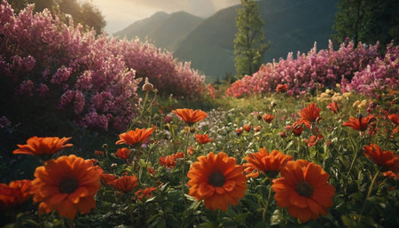 Colorful flowers in the garden at sunset. Beautiful natural background.の素材