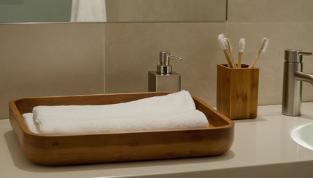 Toothbrushes and toothpaste in wooden bowl in bathroom interiorの素材