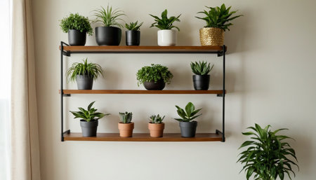 Wooden shelves with different house plants on white wall, closeupの素材