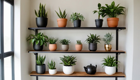 Beautiful indoor plants in pots on a shelf in the living roomの素材